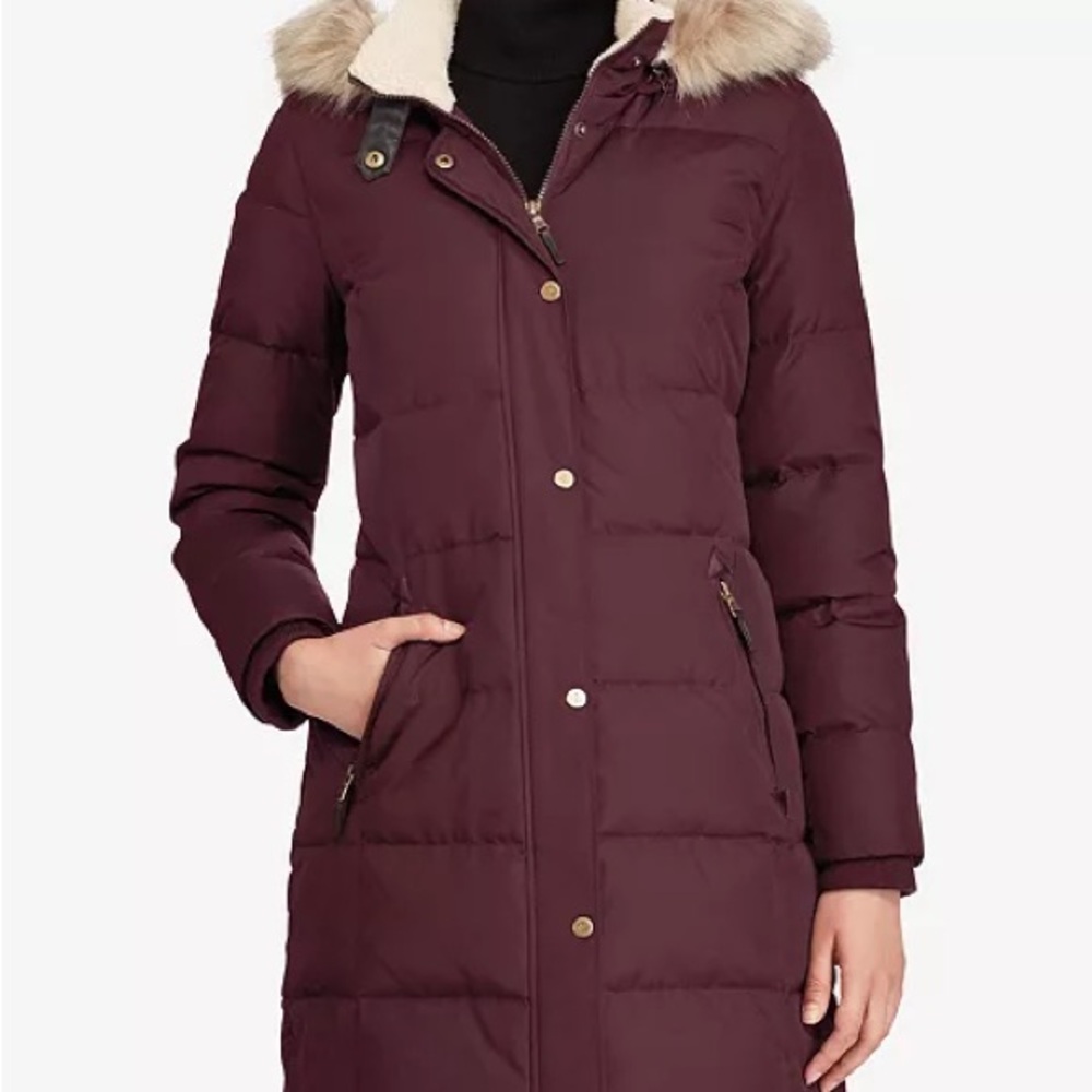 Lauren Ralph Lauren Maroon Puffer Jacket with Faux Fur
